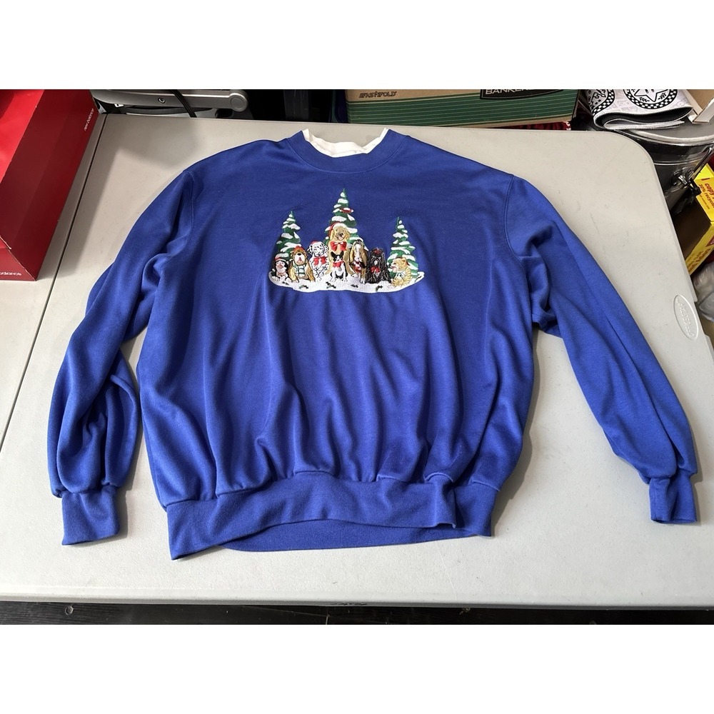 Bon Worth Grandmacore Sweatshirt Blue Christmas Cats & Dogs Embroidered XL